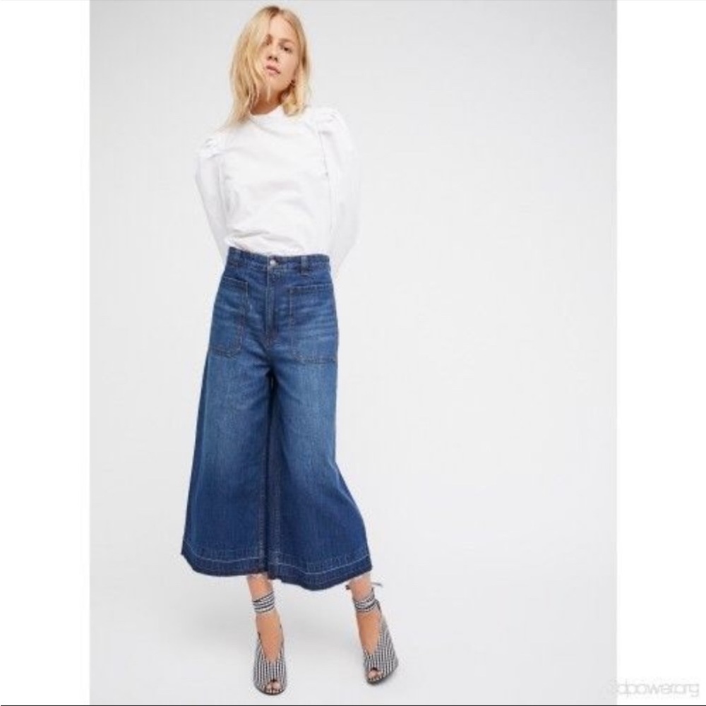 We The Free Wide Leg Cropped Jeans in Dark Blue Denim - Picture 2 of 16